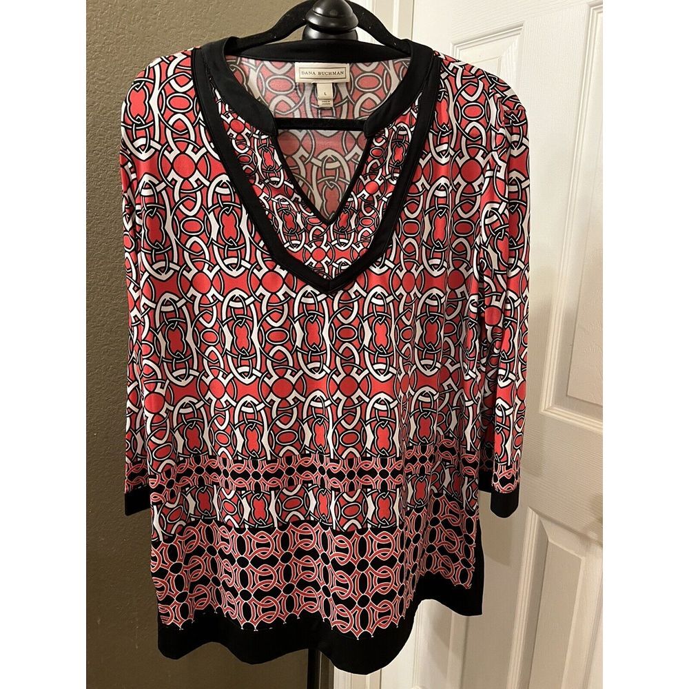 Dana Buchman Long Sleeve Red Black Blouse‎ Women's Size Large